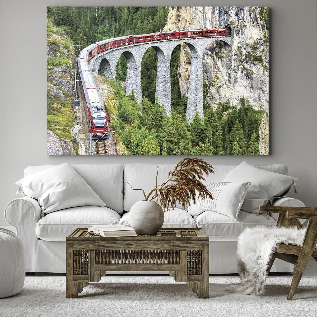 Schilderen op canvas - Een trein op een schilderachtig viaduct in een bergachtig landschap - 70x50cm - Spoorlijn voor uitzicht op de bergen - Moderne wanddecoratie voor woonkamer en slaapkamer ARTTOR