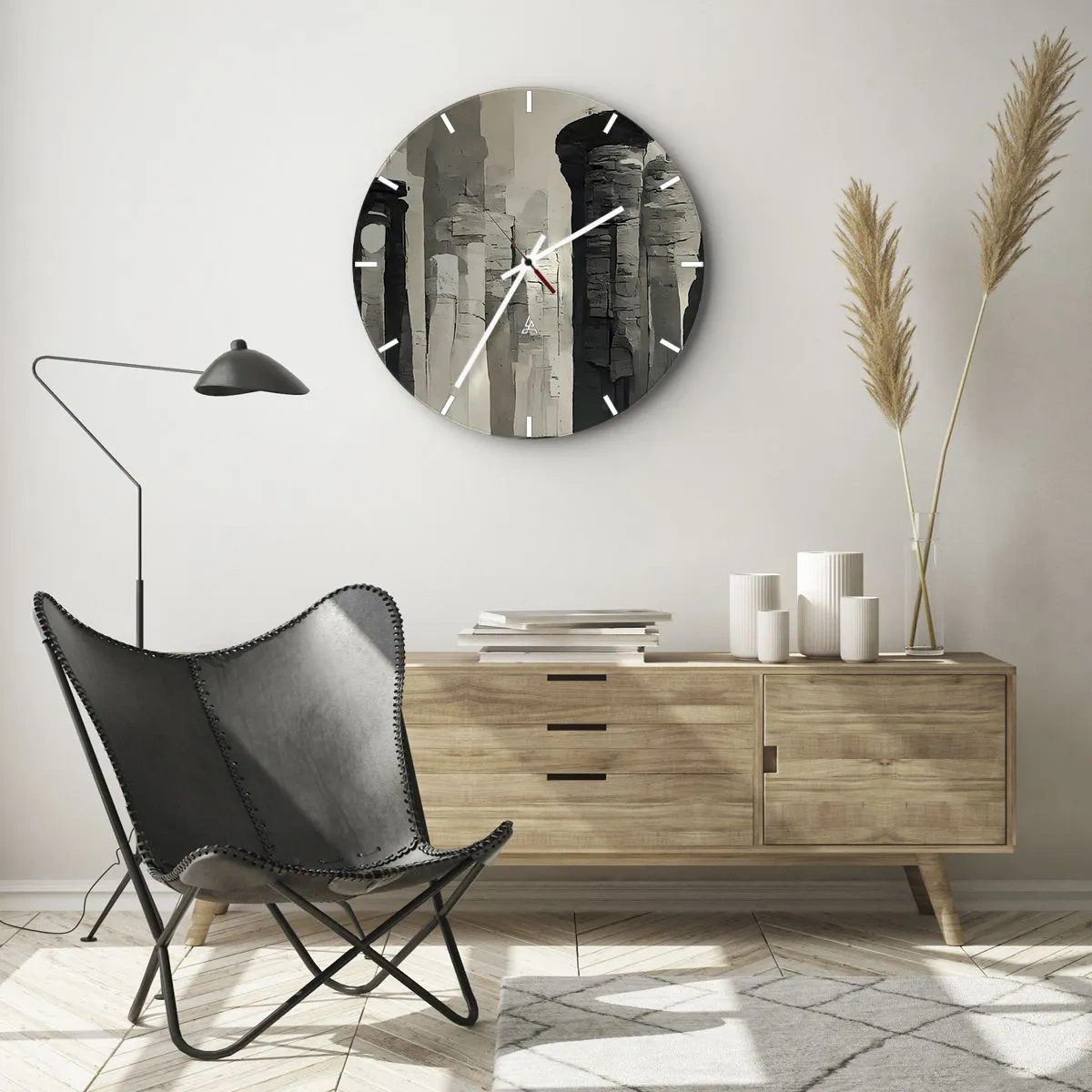 Wandklok - Klok - Monumentale zuilen in schilderachtige beige- en grijstinten - 30x30cm - De majesteit van de oudheid - Moderne wanddecoratie voor woonkamer, keuken en slaapkamer ARTTOR