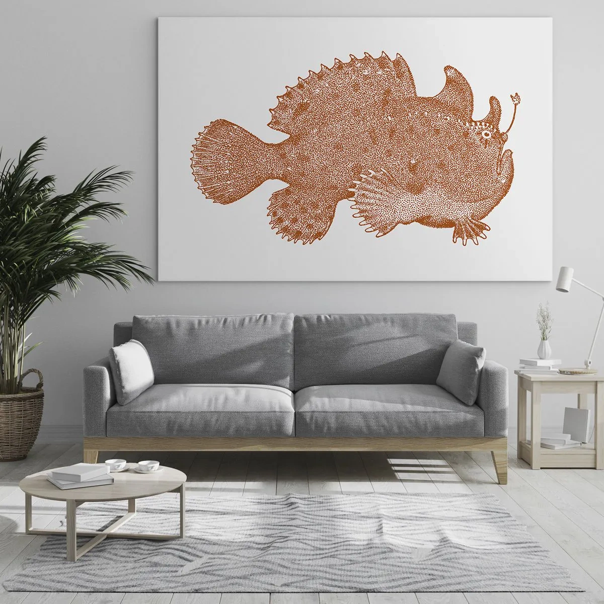 Schilderen op glas - Een roestige tekening van een diepzeevis gemaakt met behulp van de stippentechniek - 70x50cm - En toch een vis - Moderne wanddecoratie voor woonkamer en slaapkamer ARTTOR