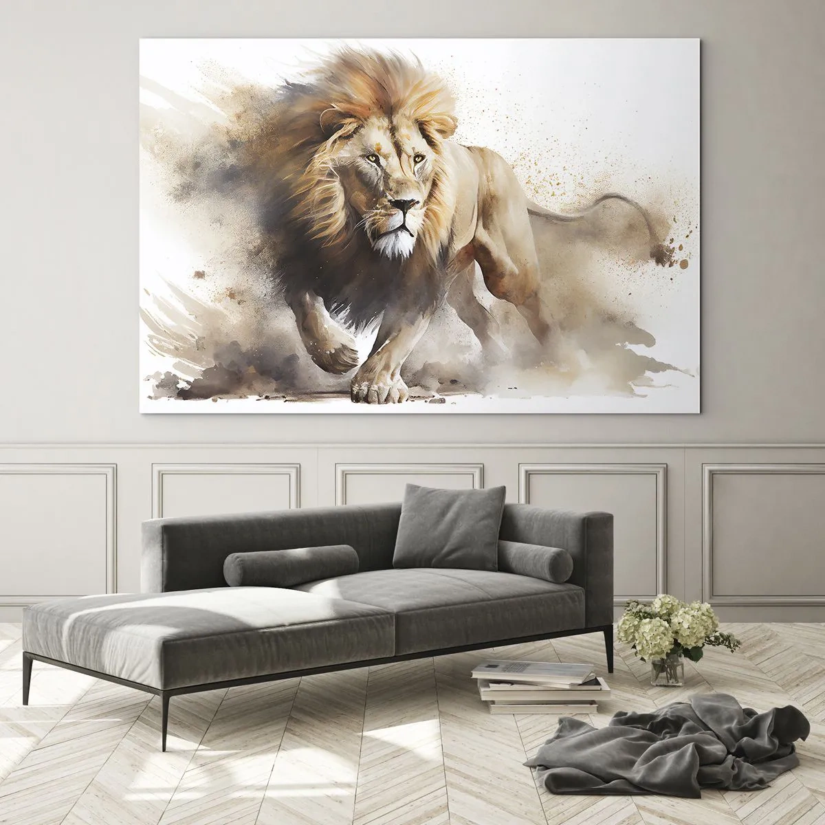 Schilderen op glas - Een dynamische aquarelachtige foto van een rennende leeuw - 70x50cm - De koning vertrekt - Moderne wanddecoratie voor woonkamer en slaapkamer ARTTOR
