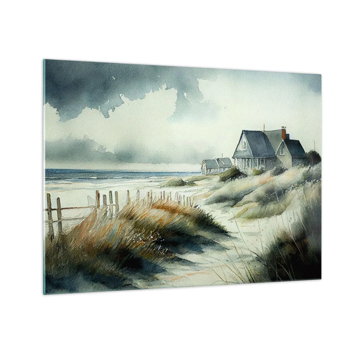Schilderen op glas - Duinhuisjes aan het strand onder een bewolkte hemel - 70x50cm - Weg van de drukte - Moderne wanddecoratie voor woonkamer en slaapkamer ARTTOR