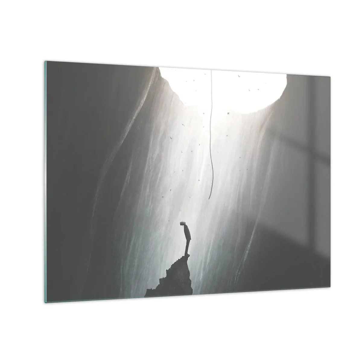 Schilderen op glas - Een man staat in het donker aan de voet van een lichtgevende uitgang over een afgrond - 70x50cm - Er is altijd een uitweg - Moderne wanddecoratie voor woonkamer en slaapkamer ARTTOR