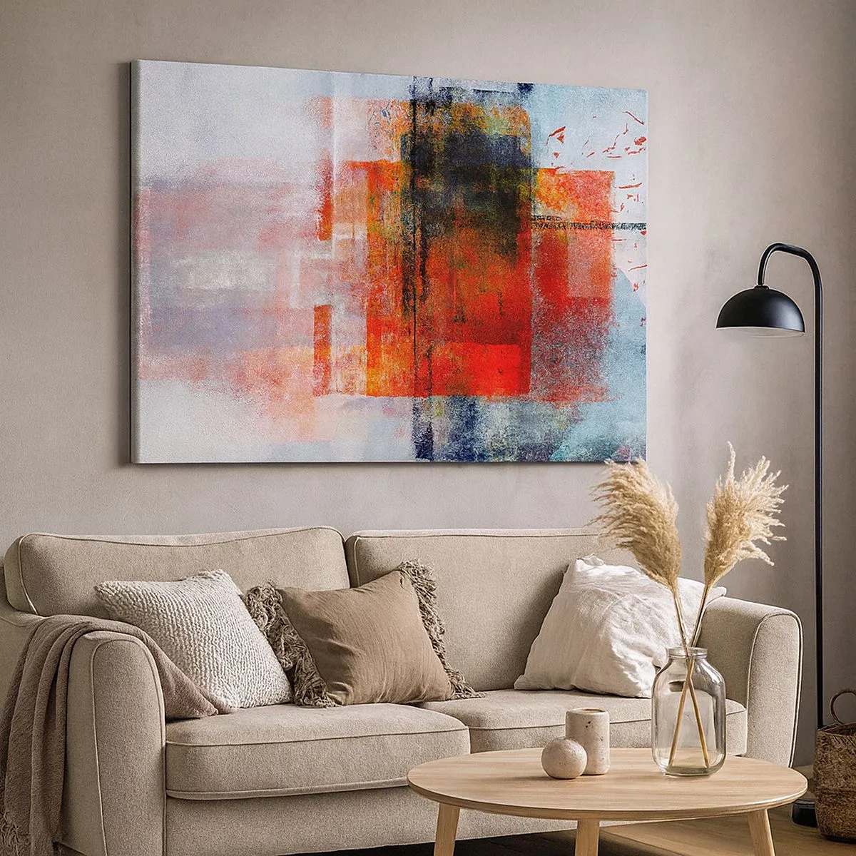 Schilderen op canvas - Abstracte geometrische compositie met rode en oranje accenten - 70x50cm - Een gloeiende compositie - Moderne wanddecoratie voor woonkamer en slaapkamer ARTTOR