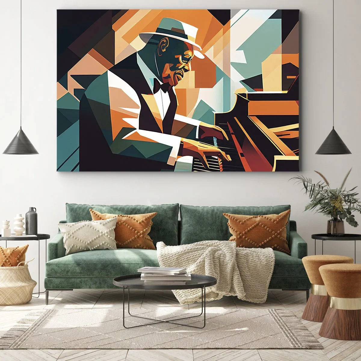 Schilderen op canvas - Abstracte muzikant die piano speelt in warme kleuren. - 70x50cm - Al die jazz - Moderne wanddecoratie voor woonkamer en slaapkamer ARTTOR