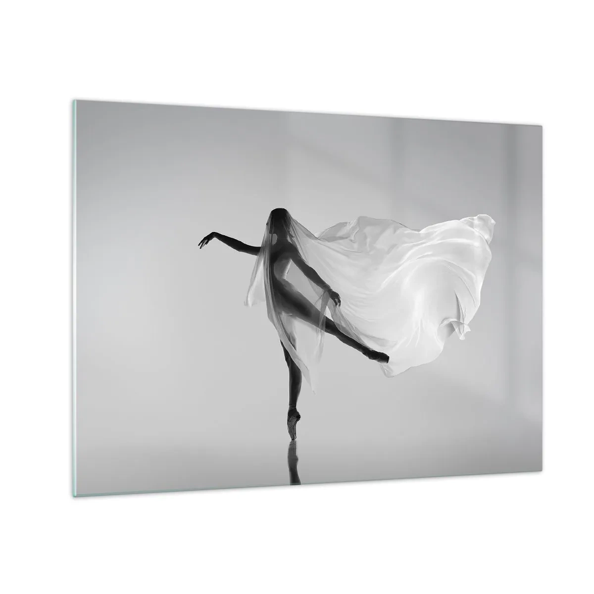 Schilderen op glas - Silhouet van een danseres met een zwevende sluier in beweging - 70x50cm - Lichtheid en gratie - Moderne wanddecoratie voor woonkamer en slaapkamer ARTTOR