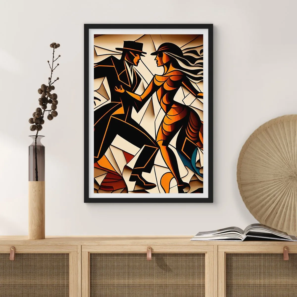 Poster in een zwarte lijst - Een dynamisch koppel dat de tango danst in een kubistische stijl. - 50x70cm - Dans van pasie - Moderne wanddecoratie voor woonkamer en slaapkamer ARTTOR