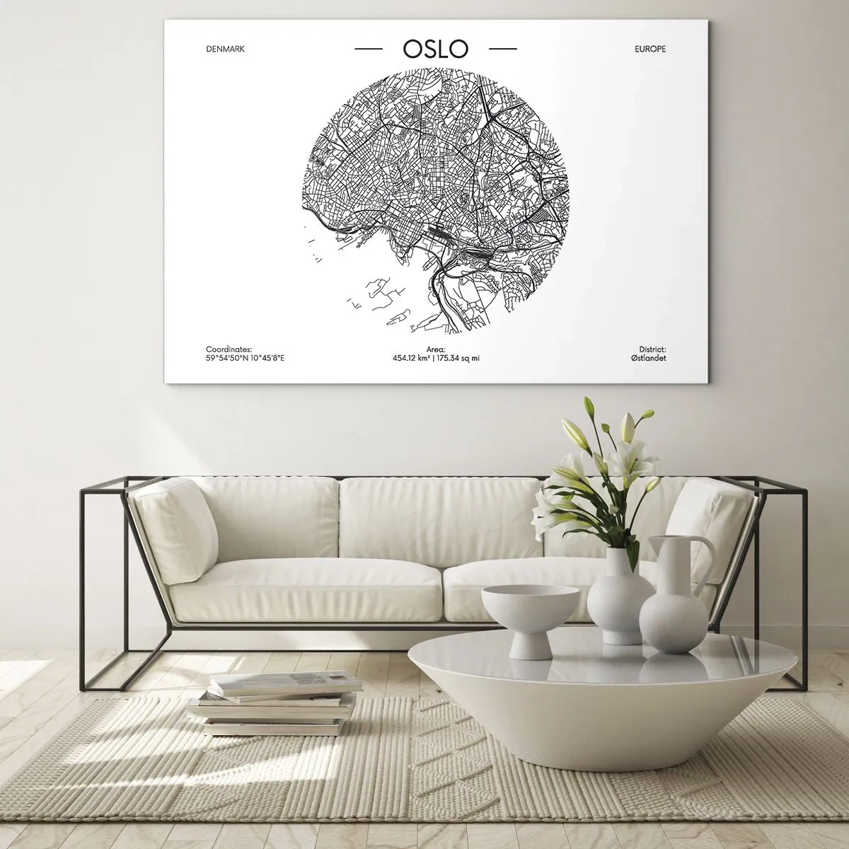 Schilderen op glas - Stadskaart van Oslo in zwart-wit grafische stijl - 70x50cm - Anatomie van Oslo - Moderne wanddecoratie voor woonkamer en slaapkamer ARTTOR