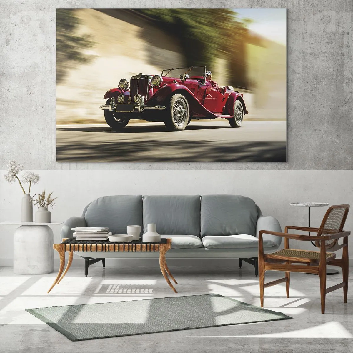 Schilderen op glas - Klassieke rode cabriolet in beweging tegen de achtergrond van de straat en het wazige landschap - 70x50cm - Mooier dan Nike van Samothrace - Moderne wanddecoratie voor woonkamer en slaapkamer ARTTOR