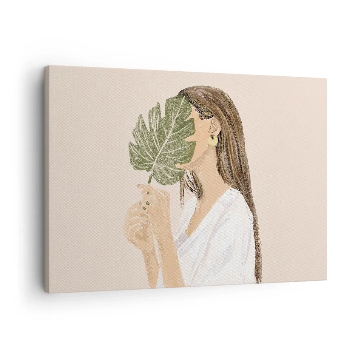 Schilderen op canvas - Portret van een vrouw met een monsterablad op een beige achtergrond - 70x50cm - Mysterieus portret met een waaier - Moderne wanddecoratie voor woonkamer en slaapkamer ARTTOR