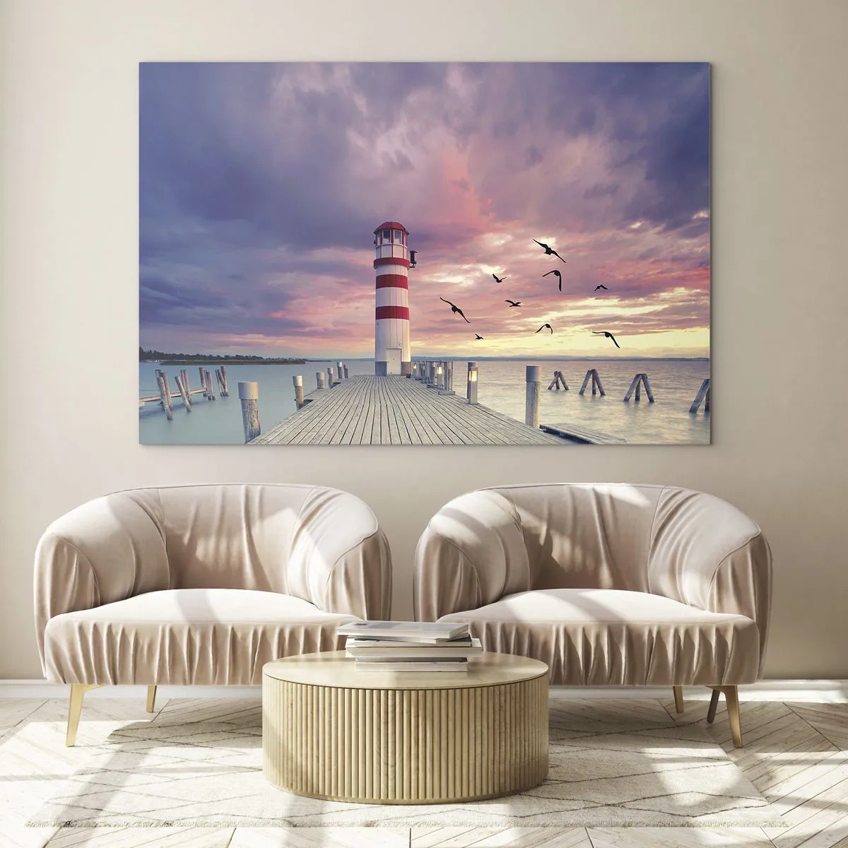 Schilderen op glas - Vuurtoren op de pier bij zonsondergang met vliegende vogels - 70x50cm - Het is tijd naar de haven te gaan - Moderne wanddecoratie voor woonkamer en slaapkamer ARTTOR