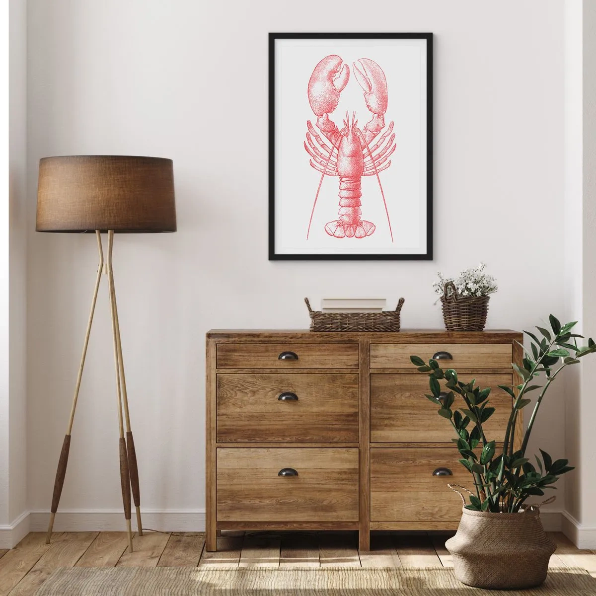 Poster in een zwarte lijst - Vintage kreefttekening op een lichte achtergrond - 50x70cm - Een kreeft waardig Homer - Moderne wanddecoratie voor woonkamer en slaapkamer ARTTOR