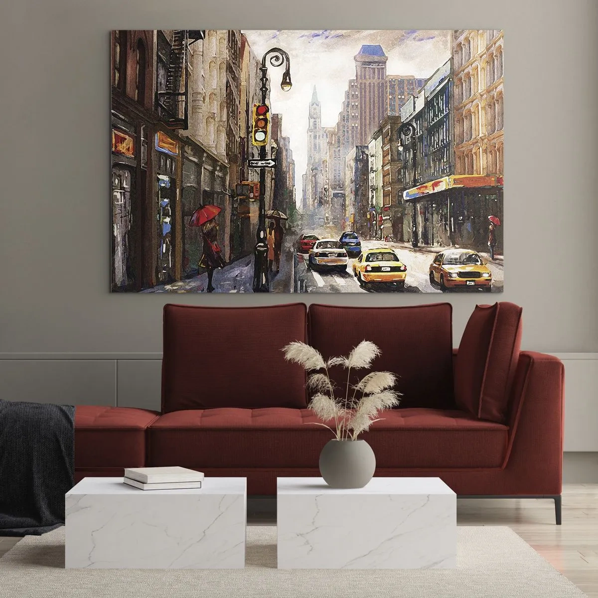 Schilderen op glas - New York – ook kleurrijk in de regen - 70x50cm - New York - ook kleurrijk in de regen - Moderne wanddecoratie voor woonkamer en slaapkamer ARTTOR