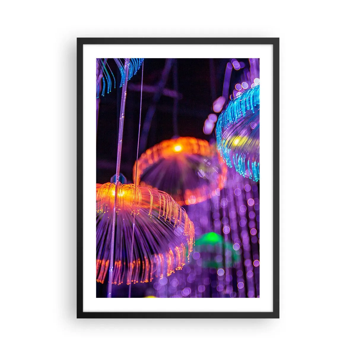 Poster in een zwarte lijst - Kleurrijke, futuristische kwallen in neonlicht - 50x70cm - Lichte fontein - Moderne wanddecoratie voor woonkamer en slaapkamer ARTTOR