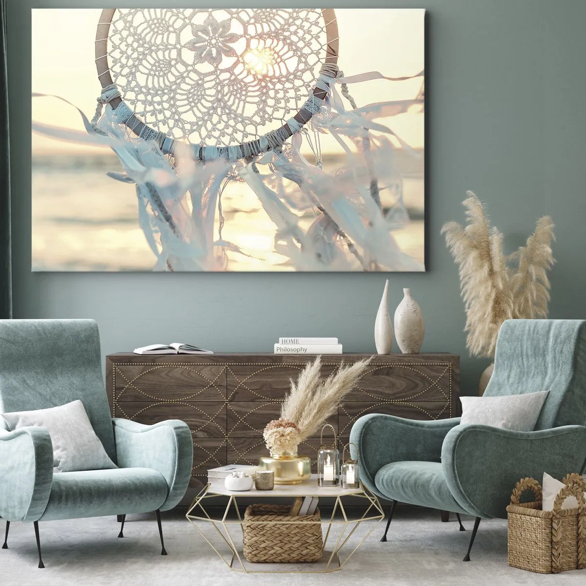 Schilderen op canvas - Een delicate dromenvanger tegen de achtergrond van de ondergaande zon - 70x50cm - Kanten totem - Moderne wanddecoratie voor woonkamer en slaapkamer ARTTOR