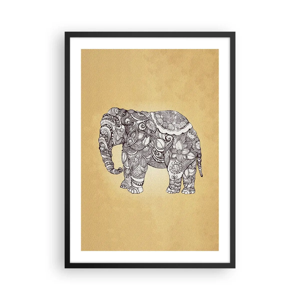 Poster in een zwarte lijst - Decoratieve illustratie van een olifant met ingewikkelde ornamenten op een gouden achtergrond - 50x70cm - De olifant heeft zichzelf bedekt - Moderne wanddecoratie voor woonkamer en slaapkamer ARTTOR