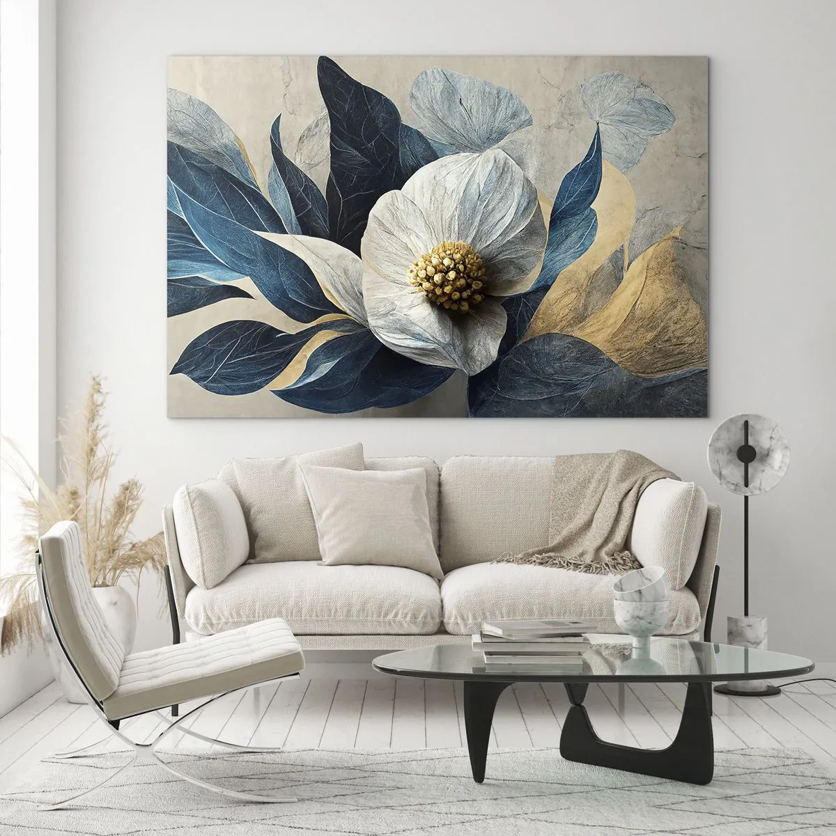 Schilderen op glas - Een wit bloemstuk met marineblauwe bladeren en een gouden hart - 70x50cm - Hij heeft een hart van goud - Moderne wanddecoratie voor woonkamer en slaapkamer ARTTOR