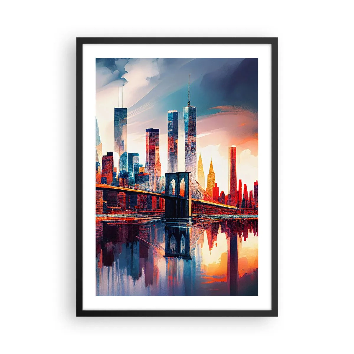 Poster in een zwarte lijst - Panorama van de stad met een brug en weerspiegeling in het water - 50x70cm - Een droomachtig New York - Moderne wanddecoratie voor woonkamer en slaapkamer ARTTOR