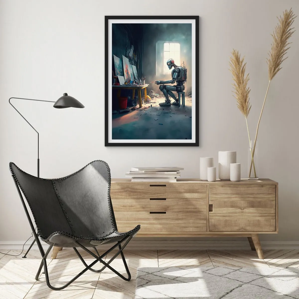 Poster in een zwarte lijst - Robotkunstenaar schildert schilderijen in zijn atelier - 50x70cm - De scheppingsdaad - Moderne wanddecoratie voor woonkamer en slaapkamer ARTTOR