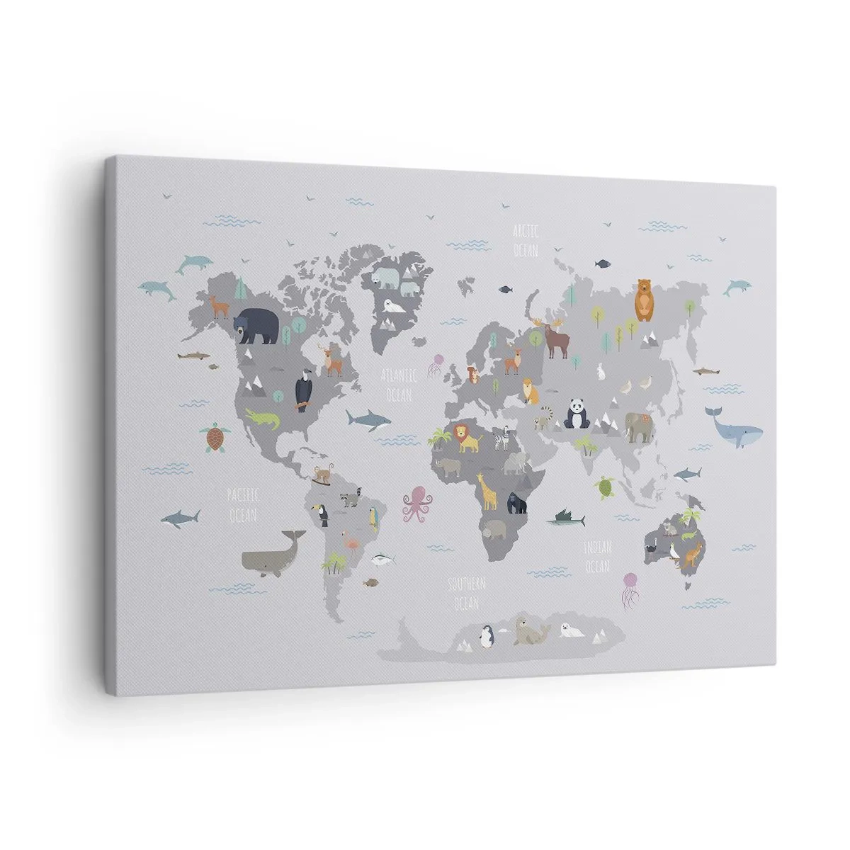 Schilderen op canvas - Een wereldkaart met dierenillustraties op een grijze achtergrond - 70x50cm - Vertel me waar je vandaan komt ... - Moderne wanddecoratie voor woonkamer en slaapkamer ARTTOR