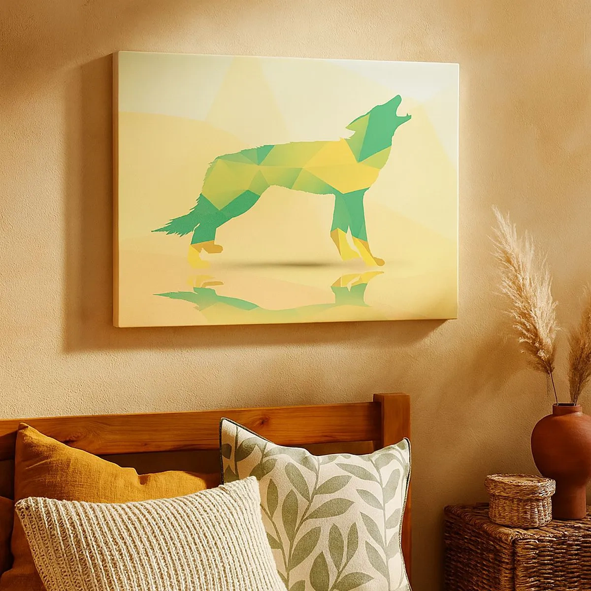 Schilderen op canvas - Geometrisch wolvensilhouet in groene en gele tinten - 70x50cm - Een eenzame wolf - Moderne wanddecoratie voor woonkamer en slaapkamer ARTTOR