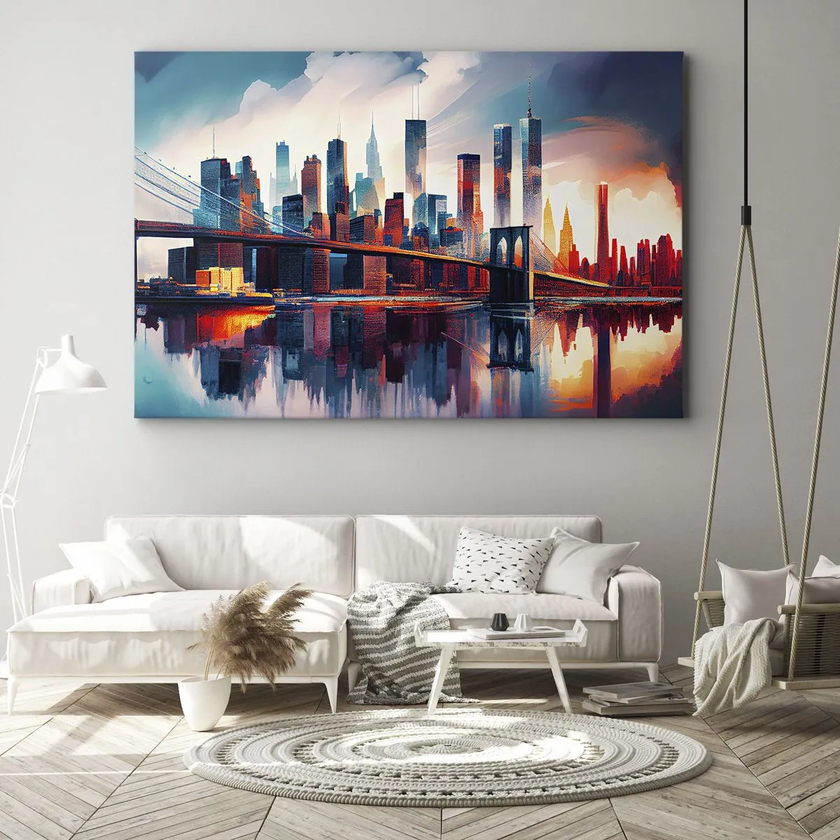 Schilderen op canvas - Panorama van New York City met brug en weerspiegeling in het water - 70x50cm - Een droomachtig New York - Moderne wanddecoratie voor woonkamer en slaapkamer ARTTOR