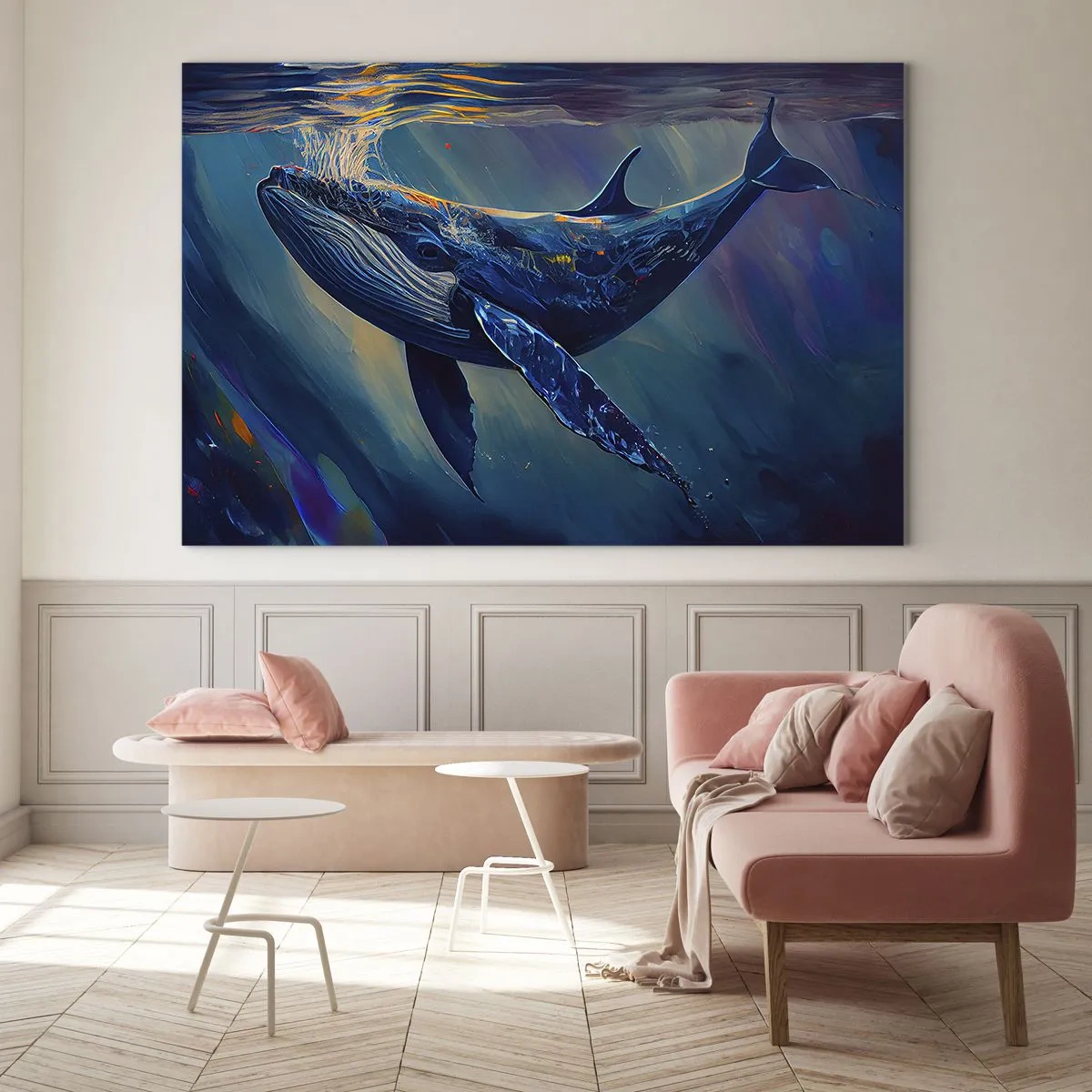 Schilderen op glas - Een walvis die onder water drijft in het zonlicht - 70x50cm - Welkom in mijn wereld - Moderne wanddecoratie voor woonkamer en slaapkamer ARTTOR