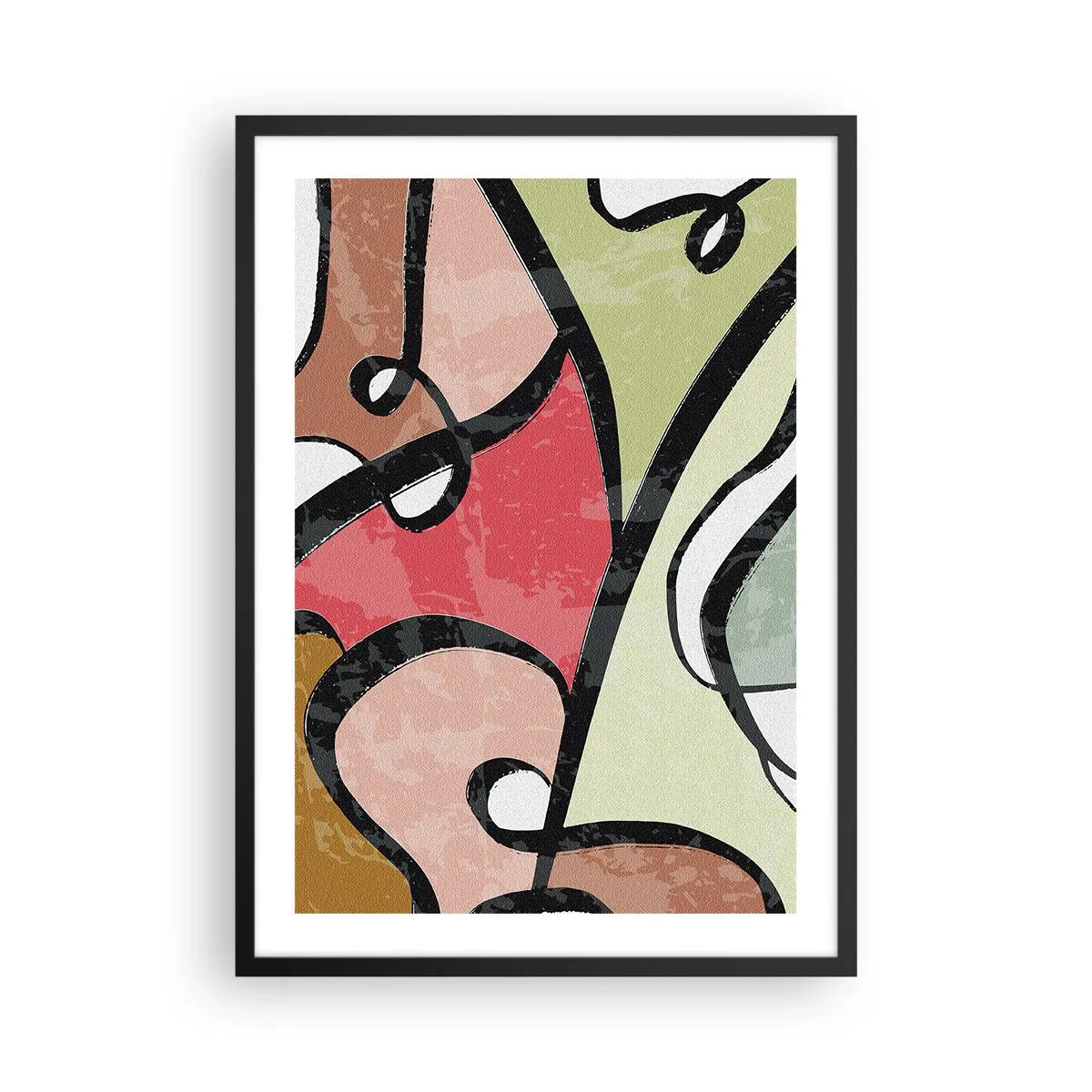 Poster in een zwarte lijst - Kleurrijke abstractie met zwarte contouren - 50x70cm - Pirouettes tussen kleuren - Moderne wanddecoratie voor woonkamer en slaapkamer ARTTOR