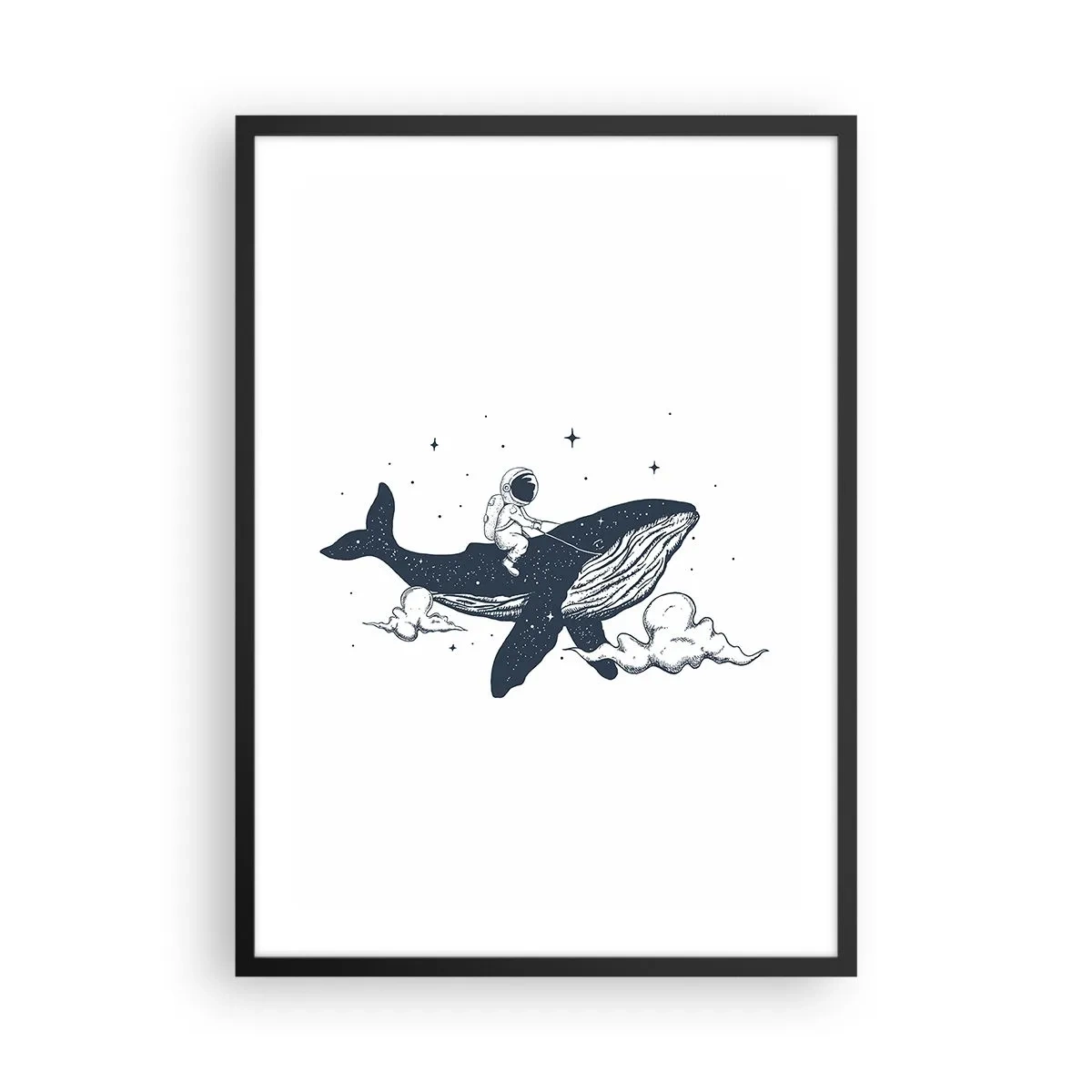 Poster in een zwarte lijst - Een kleurrijke illustratie van een ruimteraket die tussen de sterren vliegt. - 50x70cm - Ruimte avontuur - Moderne wanddecoratie voor woonkamer en slaapkamer ARTTOR