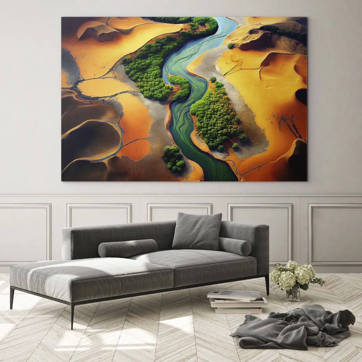 Schilderen op glas - Groene oases en een rivier tussen oranje duinen - 70x50cm - Levengevende rivier - Moderne wanddecoratie voor woonkamer en slaapkamer ARTTOR