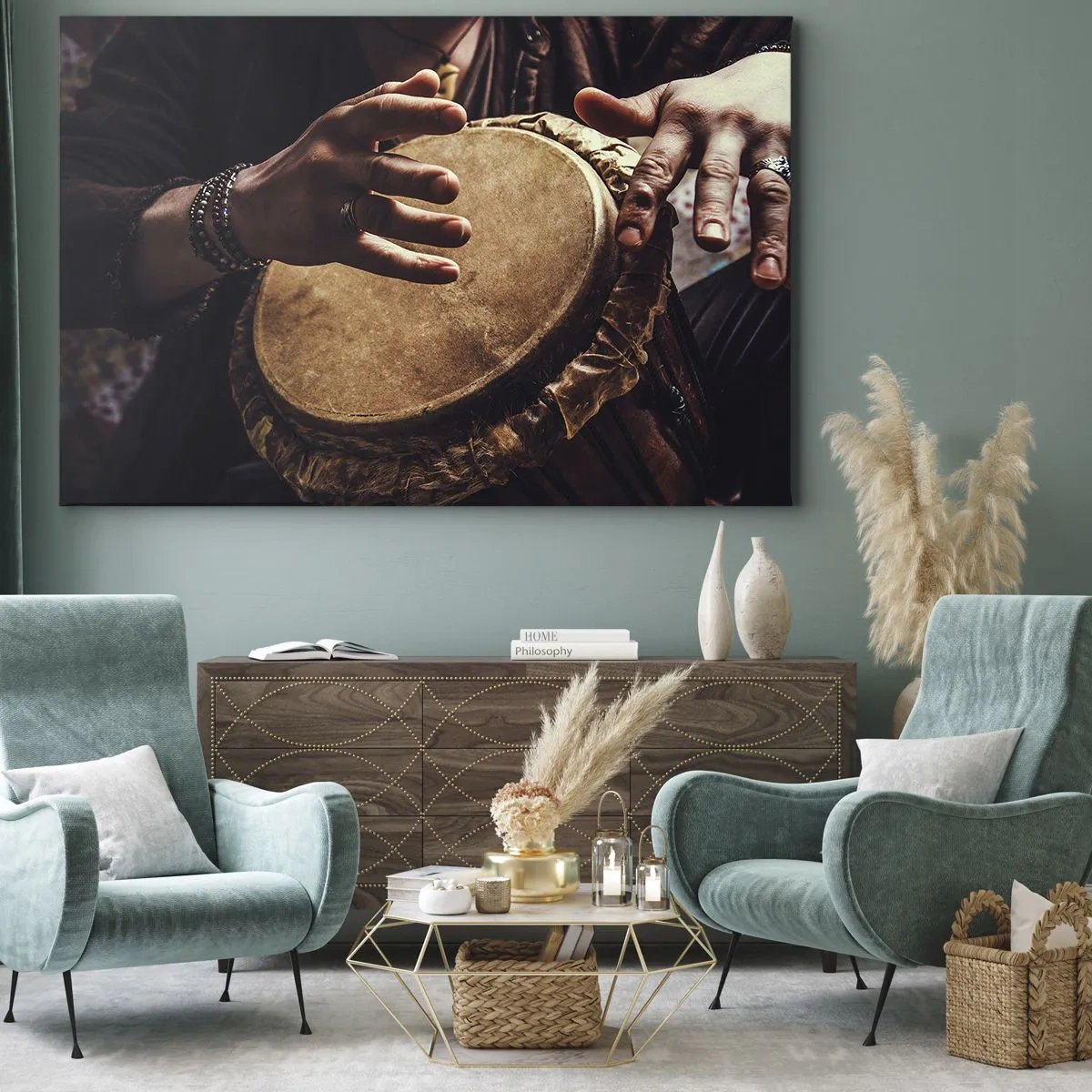 Schilderen op canvas - Handen die een traditionele djembe-trommel bespelen - 70x50cm - Op het ritme van het hart - Moderne wanddecoratie voor woonkamer en slaapkamer ARTTOR