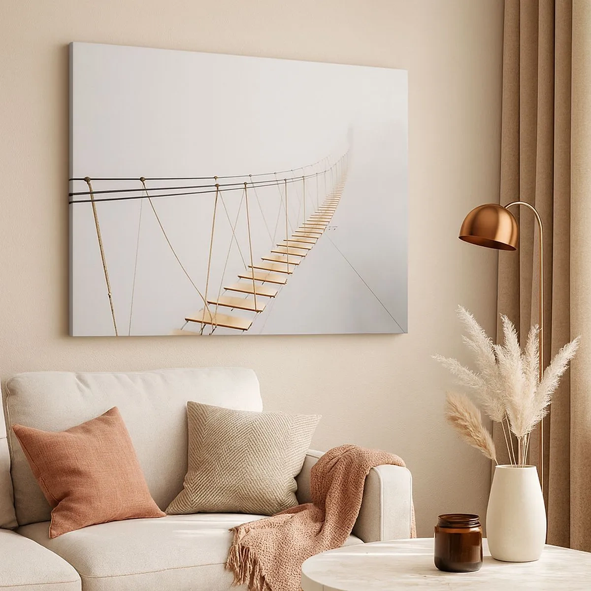 Schilderen op canvas - Een hangbrug in de mist vanuit een minimalistisch perspectief - 70x50cm - Waar zal het je brengen? - Moderne wanddecoratie voor woonkamer en slaapkamer ARTTOR