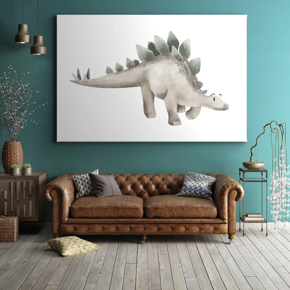 Schilderen op canvas - Een schattige dinosaurus in pastelkleuren - 70x50cm - Jouw vried - Moderne wanddecoratie voor woonkamer en slaapkamer ARTTOR