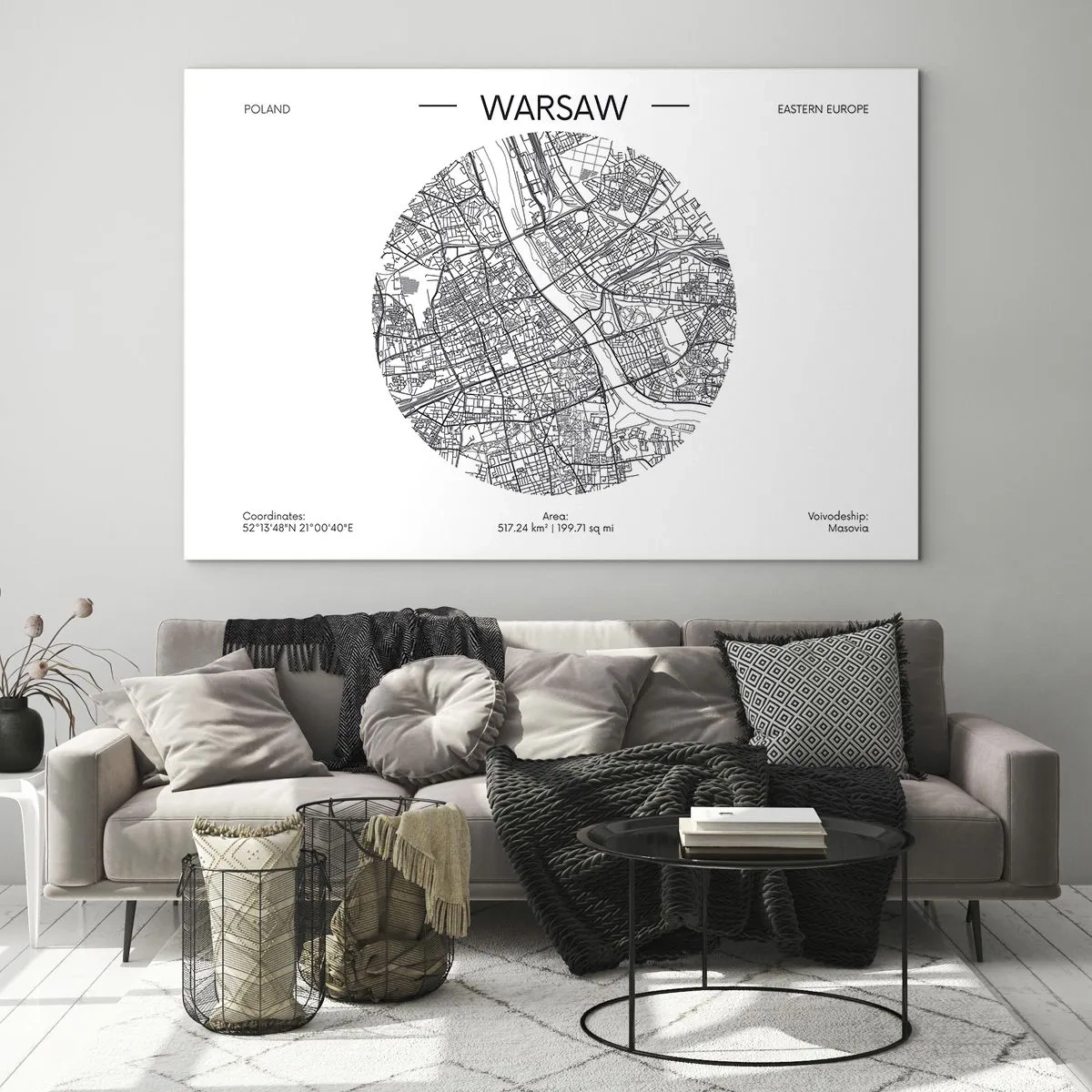 Schilderen op glas - Kaart van Warschau in de vorm van een grafische illustratie - 70x50cm - Anatomie van Warschau - Moderne wanddecoratie voor woonkamer en slaapkamer ARTTOR