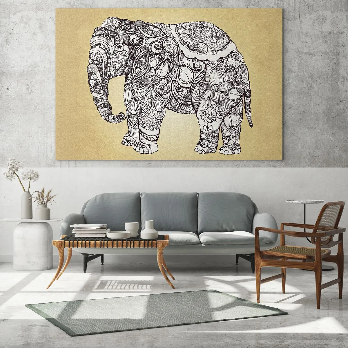 Schilderen op glas - Zwart-witte olifant met oosterse patronen op een beige achtergrond - 70x50cm - De olifant heeft zichzelf bedekt - Moderne wanddecoratie voor woonkamer en slaapkamer ARTTOR