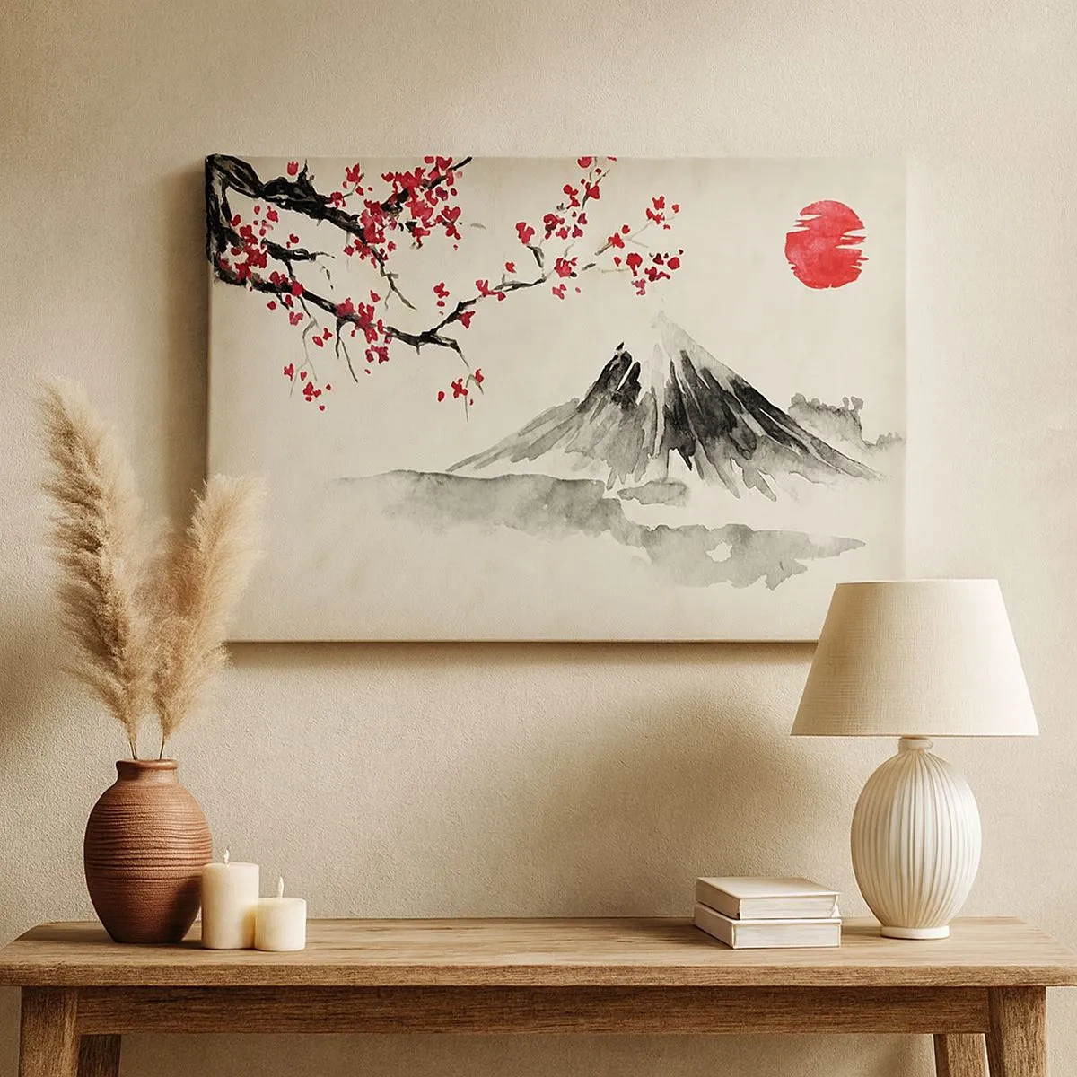 Schilderen op canvas - Een schilderachtig landschap met een berg, kersenbloesems en zonneschijn - 70x50cm - Houd van Japan - Moderne wanddecoratie voor woonkamer en slaapkamer ARTTOR