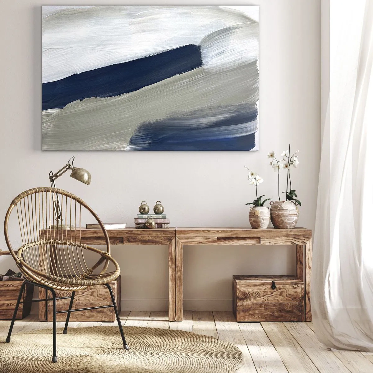 Schilderen op canvas - Abstracte penseelstreken in tinten blauw en grijs - 70x50cm - Ontmoeting met witheid - Moderne wanddecoratie voor woonkamer en slaapkamer ARTTOR