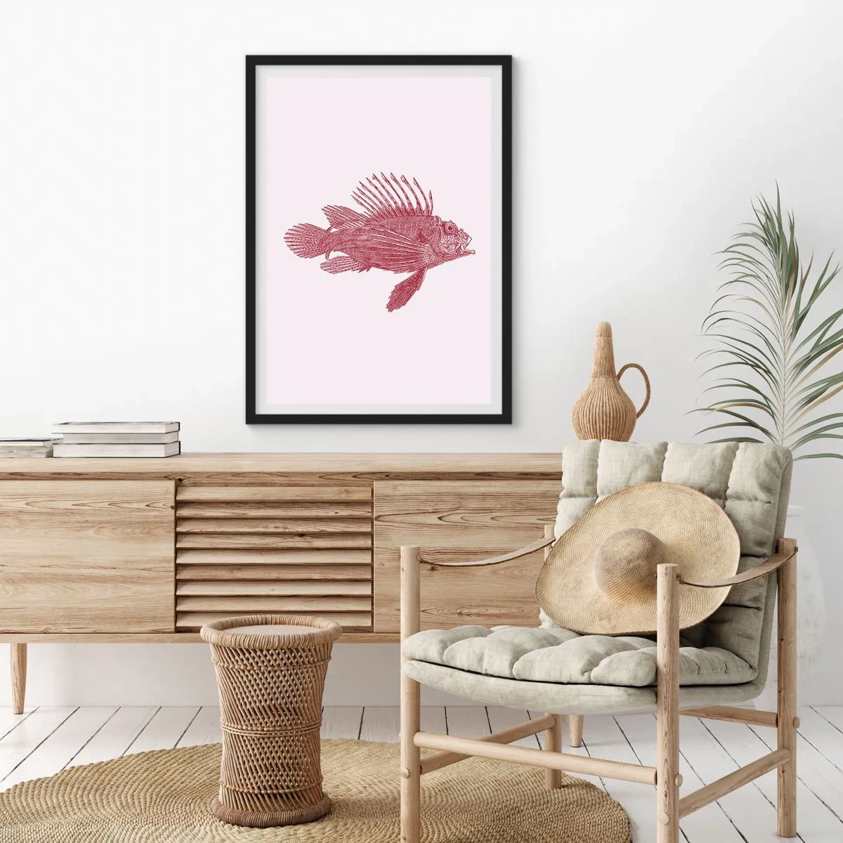 Poster in een zwarte lijst - Vintage stijl vis tekening op een lichte achtergrond - 50x70cm - Inwoner van exotische wateren - Moderne wanddecoratie voor woonkamer en slaapkamer ARTTOR