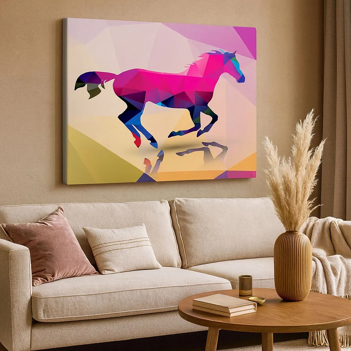 Schilderen op canvas - Geometrisch silhouet van een galopperend paard in levendige kleuren - 70x50cm - Kubisme leeft nog - Moderne wanddecoratie voor woonkamer en slaapkamer ARTTOR