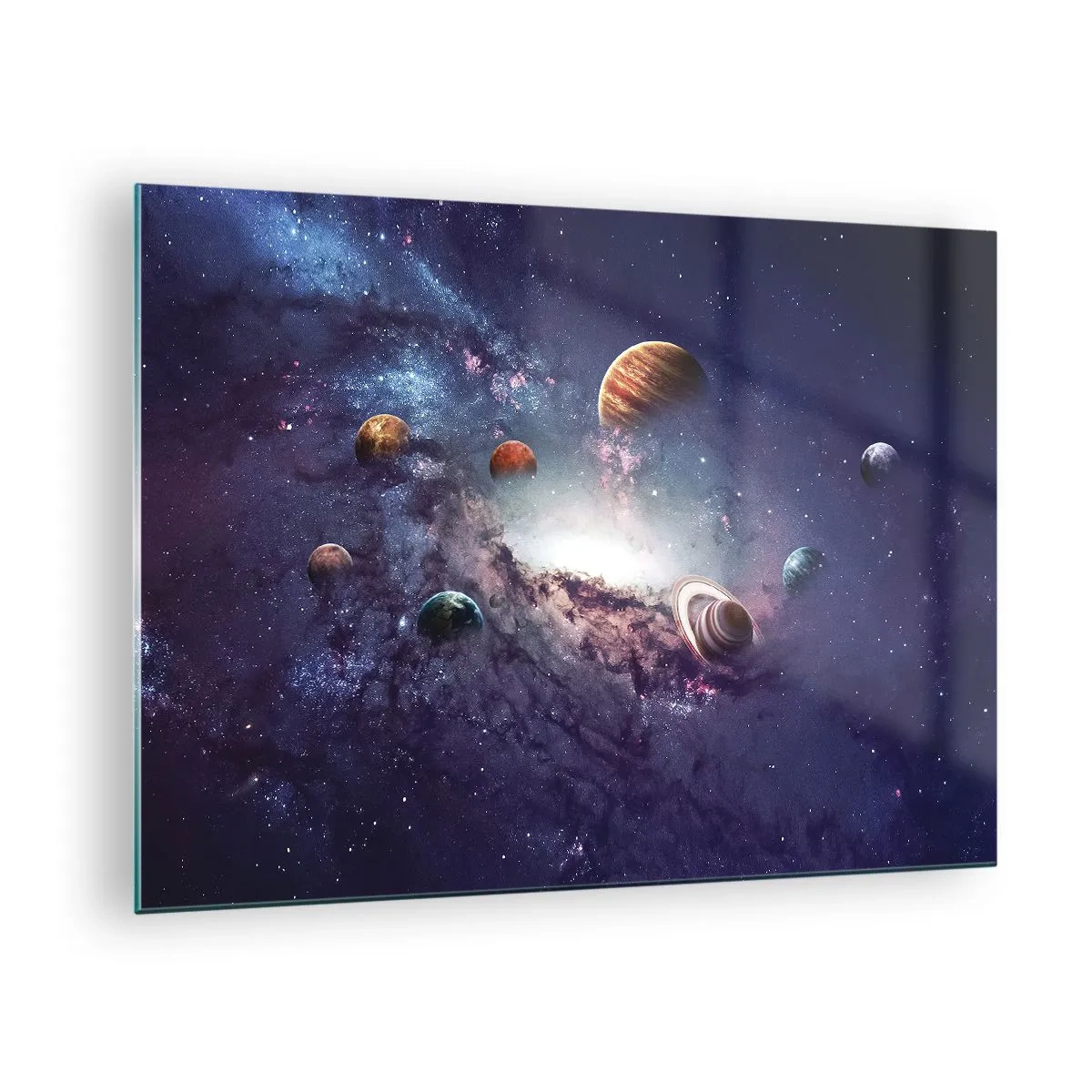 Schilderen op glas - Een fantasierijke visie op planeten die in de ruimte draaien - 70x50cm - Zonne-dans systeem - Moderne wanddecoratie voor woonkamer en slaapkamer ARTTOR