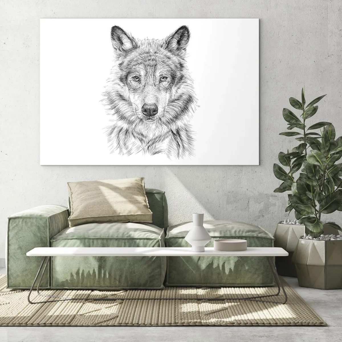 Schilderen op glas - Zwart-wit schets van een wolvenkop op een witte achtergrond - 70x50cm - Een geboren leider - Moderne wanddecoratie voor woonkamer en slaapkamer ARTTOR