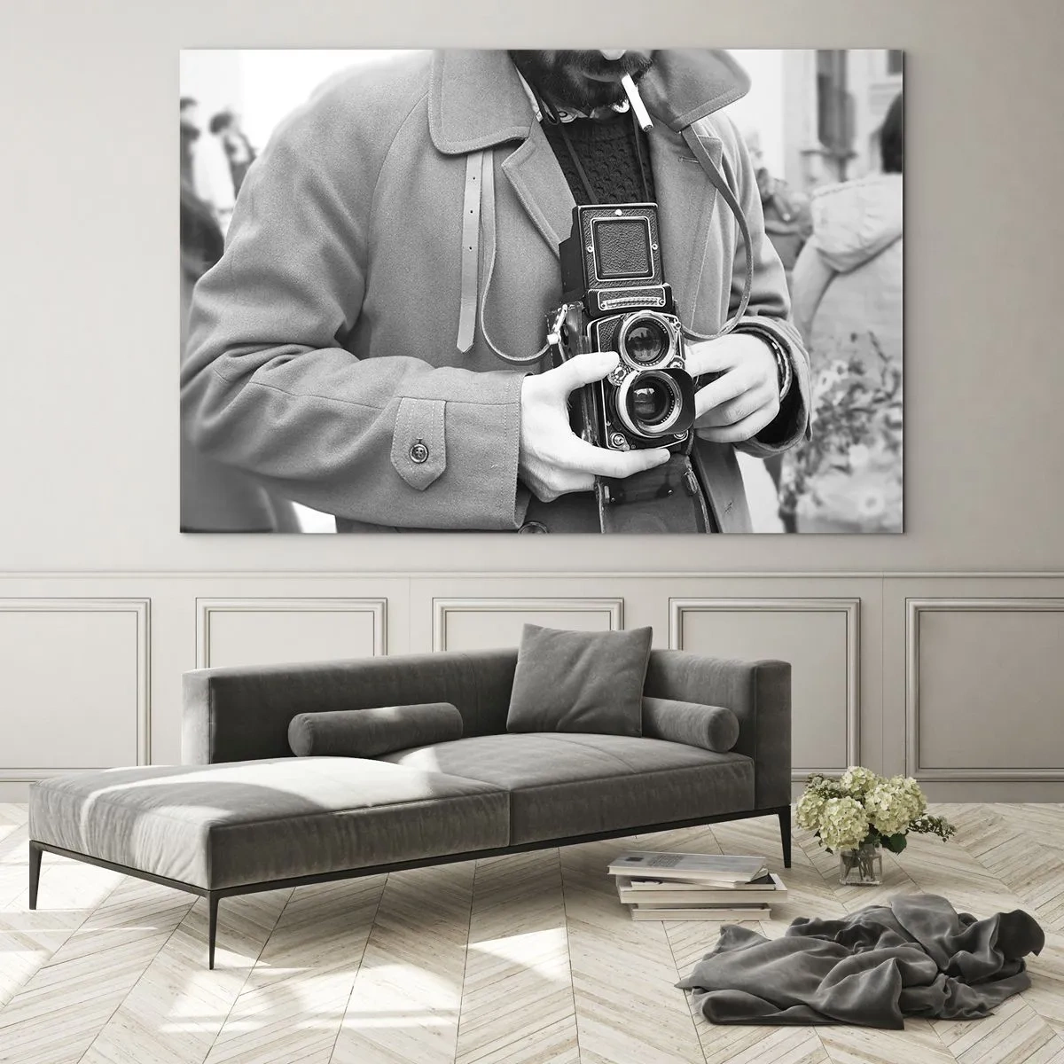 Schilderen op glas - Zwart-witfoto van een man met een analoge camera - 70x50cm - Retro stijl - Moderne wanddecoratie voor woonkamer en slaapkamer ARTTOR