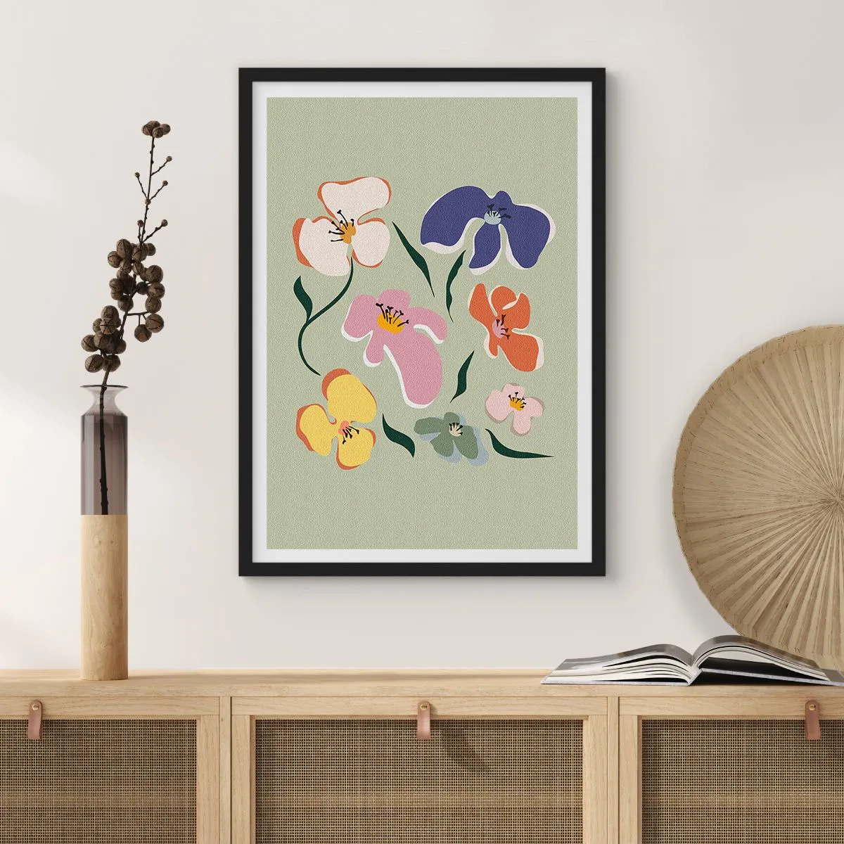Poster in een zwarte lijst - Kleurrijke bloemen op een groene achtergrond in een artistieke stijl - 50x70cm - Viooltjes welkom - Moderne wanddecoratie voor woonkamer en slaapkamer ARTTOR