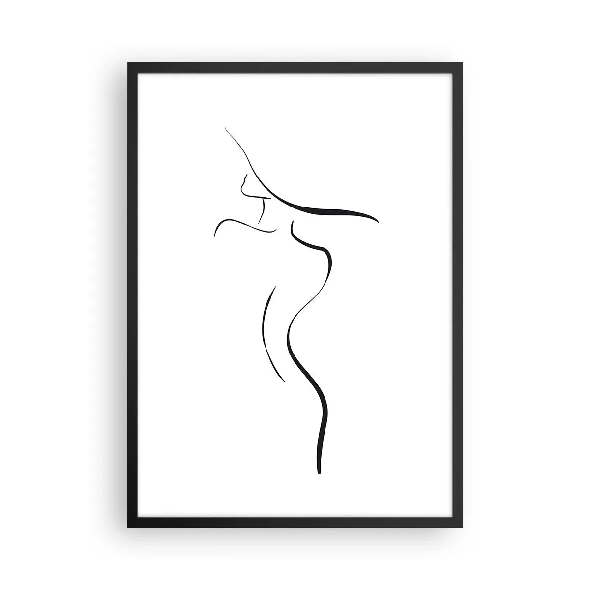 Poster in een zwarte lijst - Een minimalistisch silhouet van een vrouw, getekend met een zwarte lijn. - 50x70cm - Ongrijpbaar als een golf - Moderne wanddecoratie voor woonkamer en slaapkamer ARTTOR