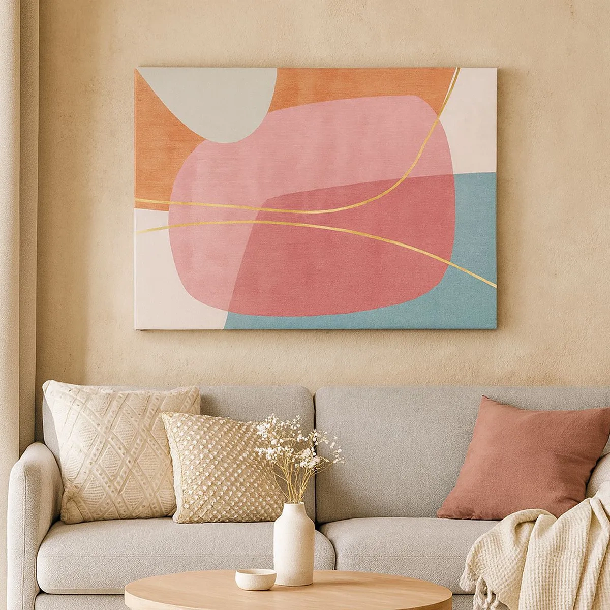 Schilderen op canvas - Abstracte vormen in pastelkleuren met delicate lijnen - 70x50cm - Pastelkleurcompositie met gouddraad - Moderne wanddecoratie voor woonkamer en slaapkamer ARTTOR