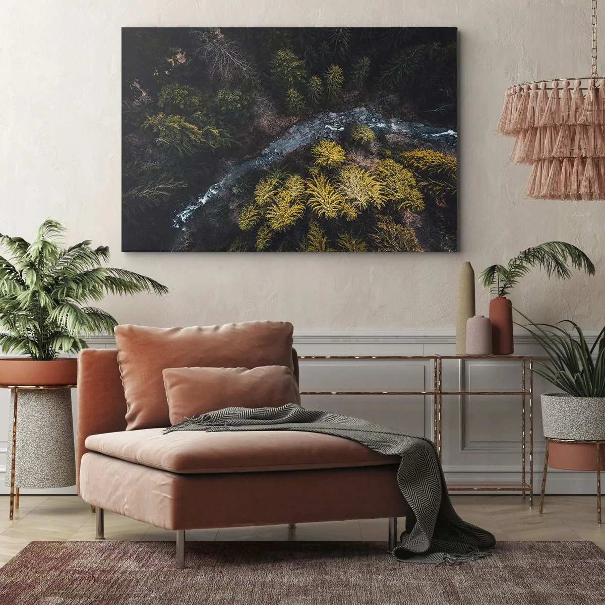 Schilderen op canvas - Een blik van bovenaf op een bos met een kronkelende rivier - 70x50cm - Snel, sneller en sneller - Moderne wanddecoratie voor woonkamer en slaapkamer ARTTOR