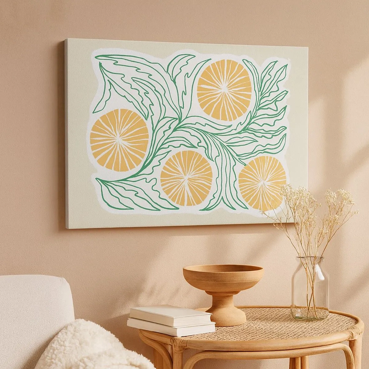 Schilderen op canvas - Een minimalistisch oranje motief met groene bladeren - 70x50cm - Etnisch met een vleugje abstractie - Moderne wanddecoratie voor woonkamer en slaapkamer ARTTOR