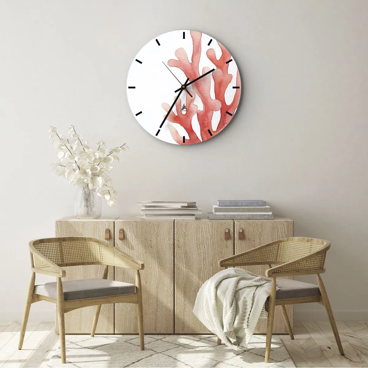 Wandklok - Klok - Rood koraal geschilderd met waterverf op een witte achtergrond - 30x30cm - Koraalkleurig koraal - Moderne wanddecoratie voor woonkamer, keuken en slaapkamer ARTTOR