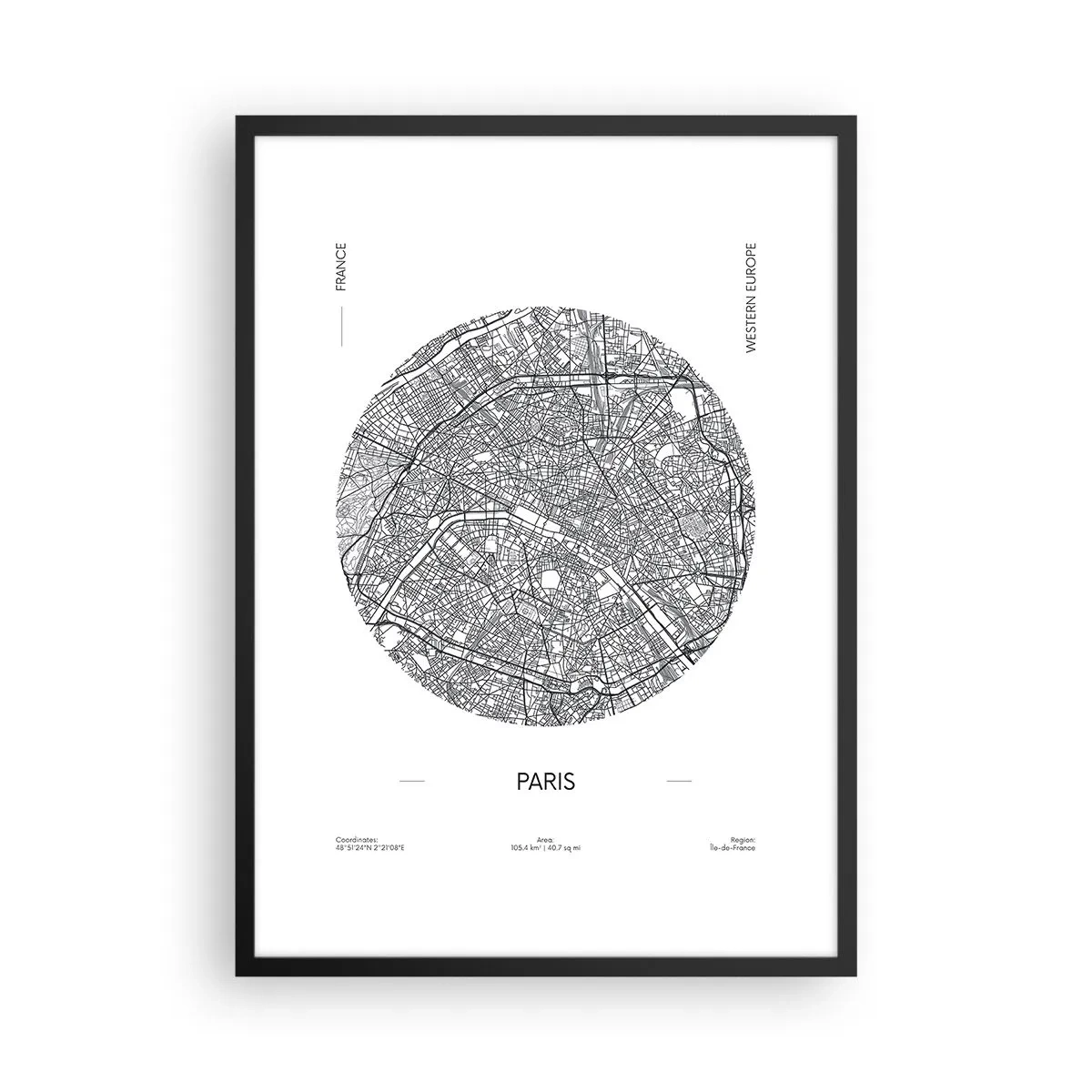 Poster in een zwarte lijst - Minimalistische kaart van Parijs in een cirkel - 50x70cm - Anatomie van Parijs - Moderne wanddecoratie voor woonkamer en slaapkamer ARTTOR