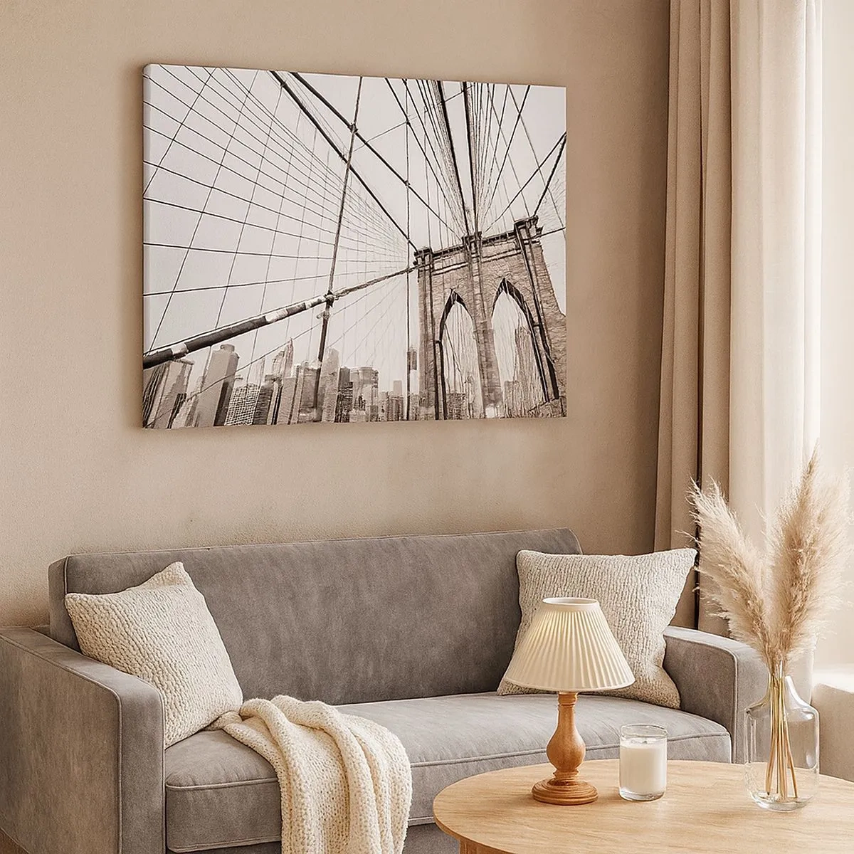 Schilderen op canvas - De Brooklyn Bridge in monochroom - 70x50cm - Kathedraal van New York - Moderne wanddecoratie voor woonkamer en slaapkamer ARTTOR