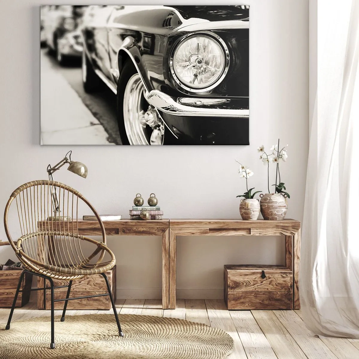 Schilderen op canvas - Een iconische klassieke auto in elegant zwart-wit - 70x50cm - Permanente glans - Moderne wanddecoratie voor woonkamer en slaapkamer ARTTOR